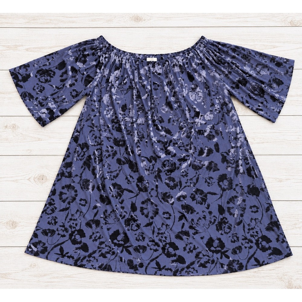 Forever 21 Dress Navy Black Floral Velvet Burnout Off Shoulder Boho Romantic M